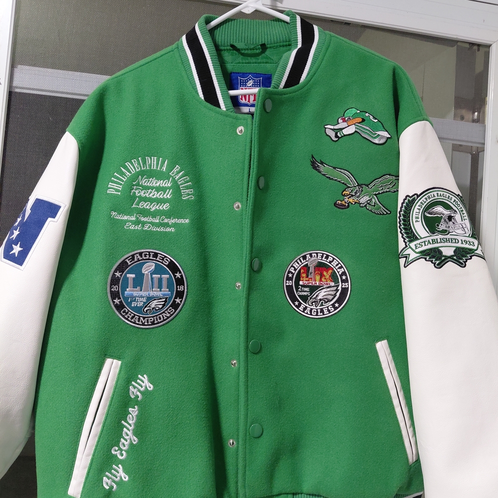 Philadelphia Eagles Green Varsity Jacket. It Was Worn Only 1 Time